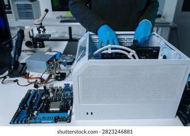 High-tech semiconductor microchip processing unit on circuit board, modern CPU technology for AI, computer hardware and electronic component concept.
