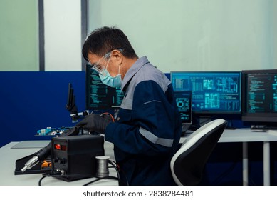 High-tech semiconductor microchip processing unit on circuit board, modern CPU technology for AI, computer hardware and electronic component concept.