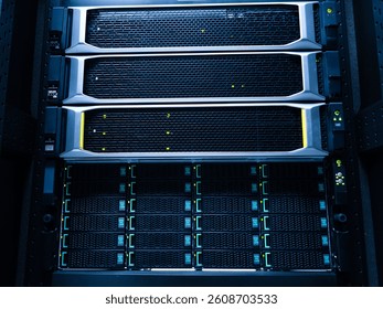High-tech server rack showcasing multiple storage units, designed for optimal data management and connectivity in modern IT infrastructure environments.