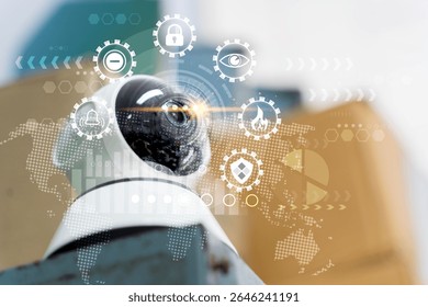 High-tech smart camera with futuristic digital overlay icons representing cybersecurity, surveillance, data protection, smart monitoring, global technology. Innovation in intelligent security systems. - Powered by Shutterstock - Get 15% off with code: PIKWIZARD15
