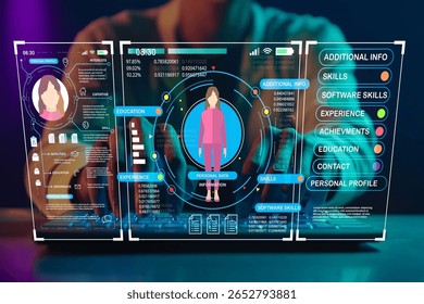 A high-tech user interface showcasing personal data and professional details with dynamic, interactive elements in a modern work environment, emphasizing technology.
