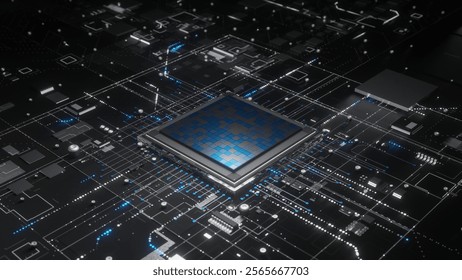 A high-tech visualization of a central processor chip on a futuristic circuit board. A glowing blue chip at the center, surrounded by intricate lines.