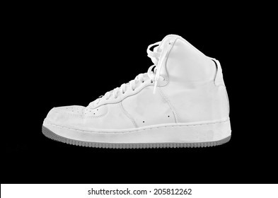 A High-top Classic White And Gray Leather Basketball Shoe Sneaker, Isolated On Black