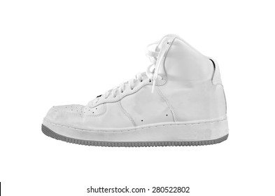 A High-top Classic White And Gray Leather Basketball Shoe Sneaker - Isolated On White