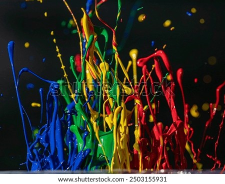 High-viscosity paint splashes driven by external force, creating dynamic strands and droplets due to inertia, surface tension, and minimal mixing, showcasing fluid elasticity and fragmentation.