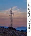 High-voltage power lines. Electricity distribution station. high voltage electric transmission tower.