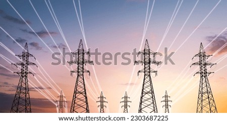 high-voltage power lines with glowing wires against the background of the sunset sky, standing in a row, high-voltage pylon banner