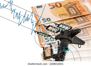High-voltage Power Lines On Euro Banknotes , Energy Cost Concept, Kilowatt Hour Price Increase