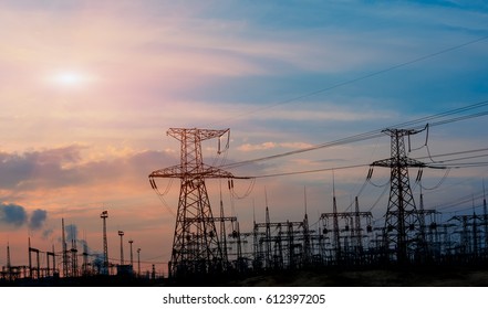 Electrical Substation Silhouette On Dramatic Sunset Stock Photo (Edit ...