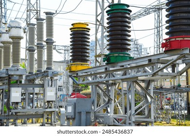 High-voltage power transformer substation. Power plant against a blue sky