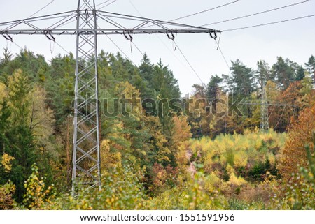 High-voltage powerlines and high-voltage pylons transporting  electric power in a lane through a beautiful autumnal forest. Seen in Franconia / Bavaria in Germany in November.