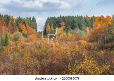 High-voltage wooden towers on autumn forest background.