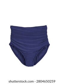 A high-waisted bikini bottom in a solid deep navy blue color, featuring a ruched texture across the front panel for a flattering fit.