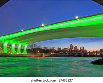 Highway 35W Bridge In Downtown Minneapolis And Mississippi River