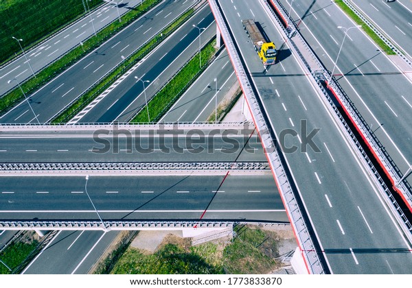 Highway Aerial\
View. Overpass and bridge. from above. Gliwice, Silesia, Poland.\
Transportation bird\'s-eye\
view.