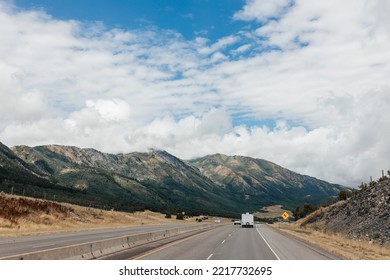 Highway Among Beautiful Mountains. Beautiful Road Landscape With Mountains And High Sky With Clouds. Echo Canyon, Utah 84017, USA - 08.02.2022