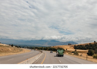 Highway Among Beautiful Mountains. Beautiful Road Landscape With Mountains And High Sky With Clouds. Echo Canyon, Utah 84017, USA - 08.02.2022