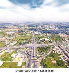 Highway Ariel View With Drone Fly And City Landscape Landmark