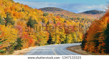 Highway and Autumn foliage panorama in White Mountain, New Hampshire.