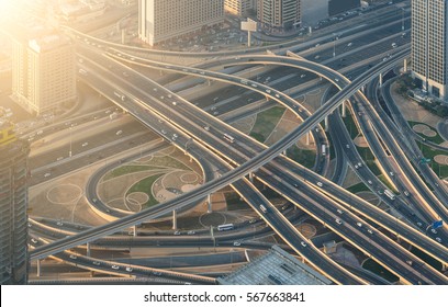 Highway Crossroads At Sunset, Aerial View