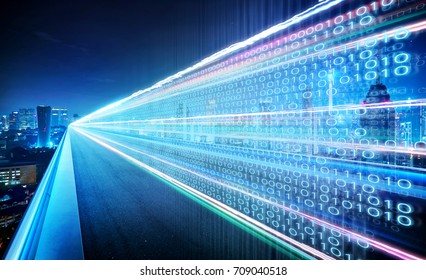 Highway flyover with binary code numbers on motion blurred asphalt  road , speed and faster digital matrix technology information concept .