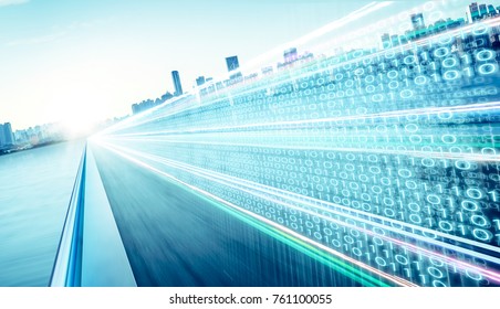 Highway flyover with binary code numbers on motion blurred asphalt  road , speed and faster digital matrix technology information concept .