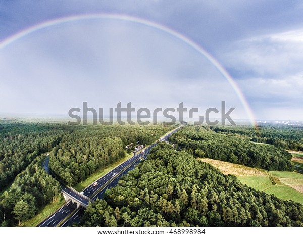 Highway in green forest, colorful rainbow,\
city. Netherlands