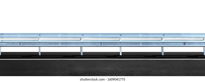 Highway Guarding Rail Isolated On White Background,  Panoramic View. Barrier Of Road, Dividing Strip