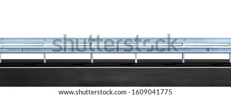 Highway guarding rail isolated on white background,  panoramic view. Barrier of road, dividing strip