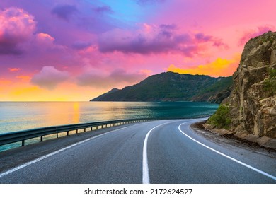 highway landscape at colorful sunset. Road view on the sea. colorful seascape with beautiful road. highway view on ocean beach. coastal road in europe. Colorful seascape in the Mediterranean. - Shutterstock ID 2172624527