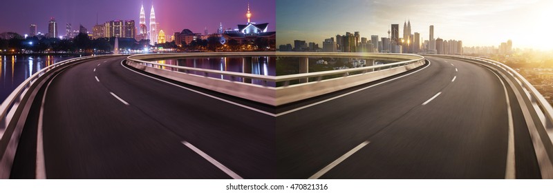 Highway Overpass Motion Blur Background . Panorama Day And Night Concept .