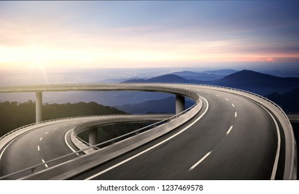 Highway overpass motion blur with nature mountain background during sunrise