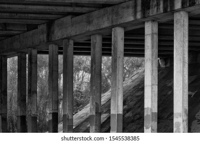 Highway overpass support structures from underneath