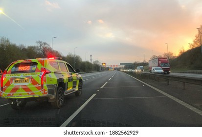 Highway Patrol Stops Traffic On The Motorway Near Worcester, UK. 15.12.20