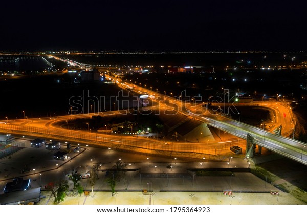 Highway road at night. Aerial\
view.