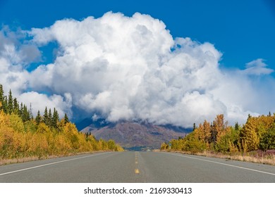 Highway, Road Trip Views In Yukon Territory Near Alaska During Fall, Autumn. 