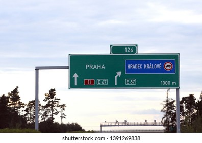 Highway sign with directions to Prague city in Czech Republic