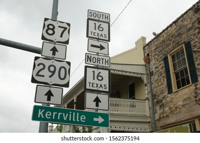 Highway Signs Along Main Street In Fredericksburg, Texas In The Hill Country.