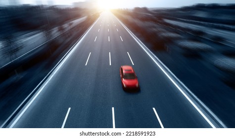 Highway With Single Red Car, Motion Blur