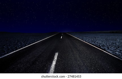 Highway And Starry Night In Desert