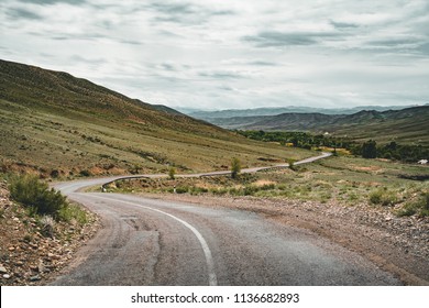 Highway Street Empty With Green Kazakhstan Steppe View