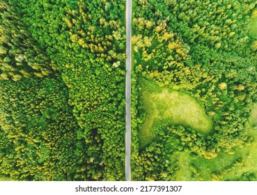 Highway Through Forest With Pine Trees And Lakes, Aerial View. Road With Forrest Trees And Car. Forest Road For Transpotrs. Aerial Above View Of Freeway. Asphalt Road, Top View.