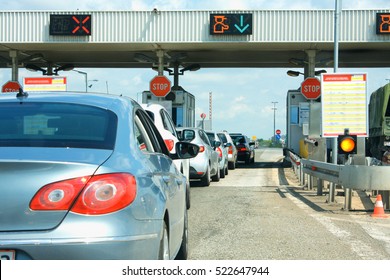 Highway Traffic Jam On Pay Toll Station In Europe.