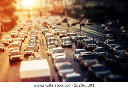 Highway Traffic at Sunset. Tilt Shift Concept Photo. Traffic in Las Vegas Nevada, USA.