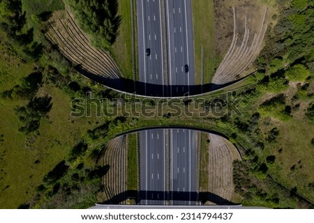 Highway traversed by wildlife crossing forming a safe natural corridor bridge for animals to migrate between conservancy areas. Top down aerial of environment nature reserve infrastructure eco passage
