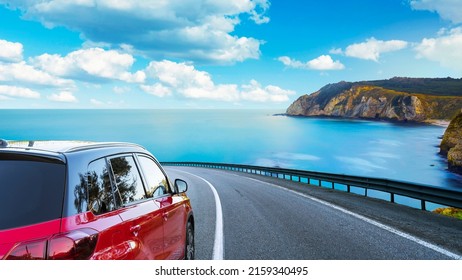 Highway View On Ocean Beach. Road Landscape In Summer. Highway Landscape At Mediterranean. Car Driving On The Roads Of Europe. Coastal Road In Europe. Colorful Seascape In The Mediterranean.