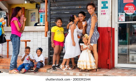 Higuey, Dominican Republic, July 6th 2021: Typical Dominican Family Celebrating Christening Of Their Daughter. People And Lifestyle In Dominican Republic.