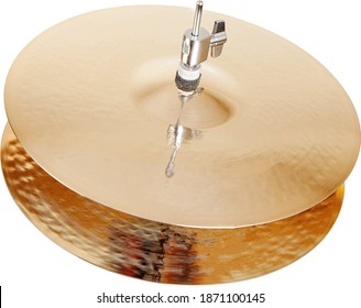 Hi-hat cymbal golden brass plate drum set musical instrument isolated on white background.