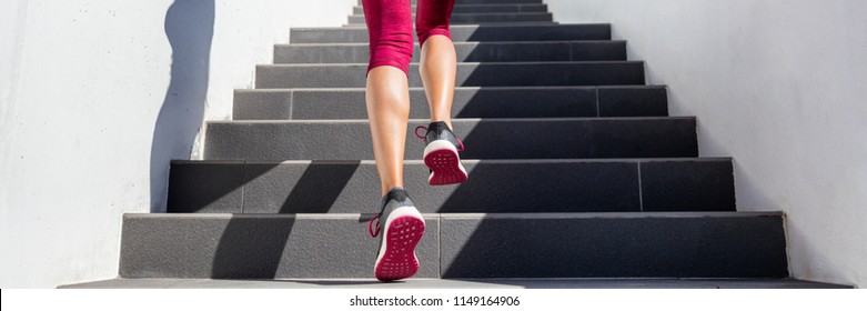 Hiit Workout Cardio Running Up The Stairs Training. Staircase Climbing Run Woman Going Run Up Steps Panorama Banner. Runner Athlete Doing Cardio Sport Workout. Activewear Leggings And Shoes.