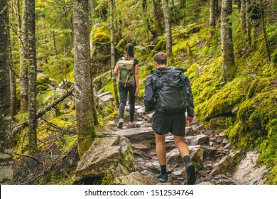 Hike Couple Hikers Hiking Forest Trail In Autumn Nature Going Camping With Backpacks. Friends Woman And Man Walking Uphill On Mountain In Quebec Travel, Canada.